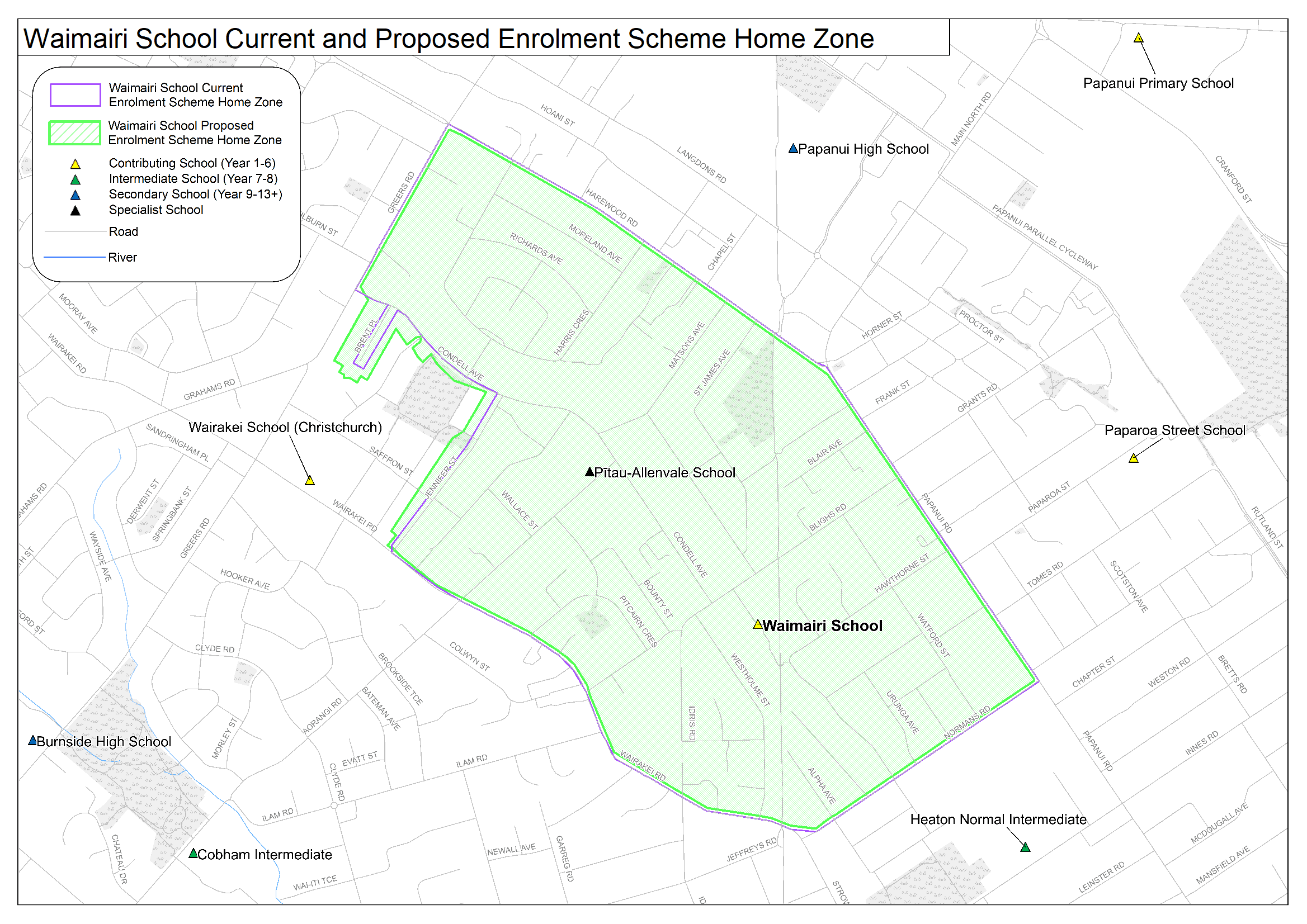 Map showing current and proposed enrolment scheme home zone