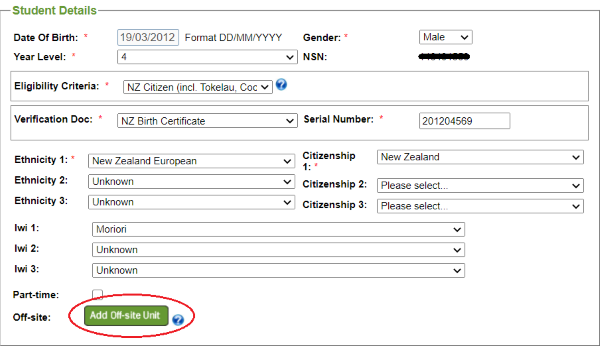 A new “Add Off-site Unit” button has been added in ENROL replacing the old tick box. 