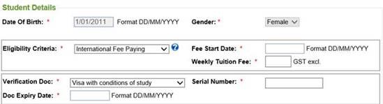 Screenshot of the Student Details page showing 'Fee Start Date' field.
