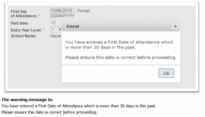 image shows a text box alert when user enters the wrong date