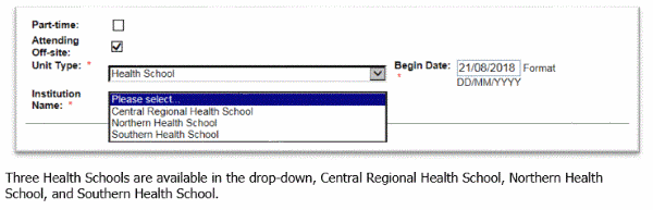 Dropdown image showing 3 Health Schools available in the drop-down