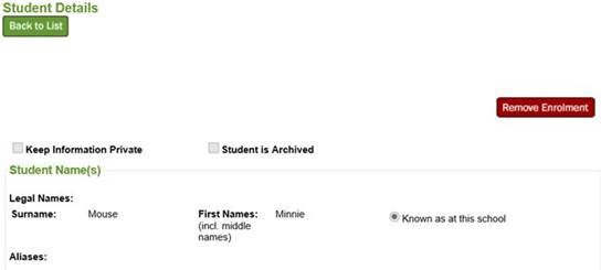 Screenshot of the 'Remove Enrolment' button that has been moved to be on the Student Details page. 