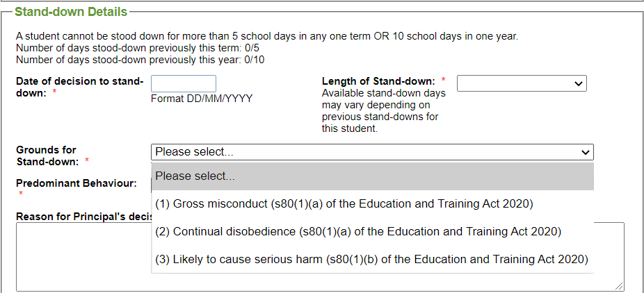 The “Grounds for Stand-down” drop-down list in the “Stand-down Details” screen have been updated to reflect the changes in the Education and Training Act 2020.